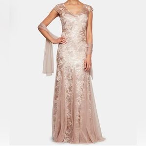 Alex Evenings Women's dress Long V Neck Fit and Flare Rose glod Sz#8P NWT